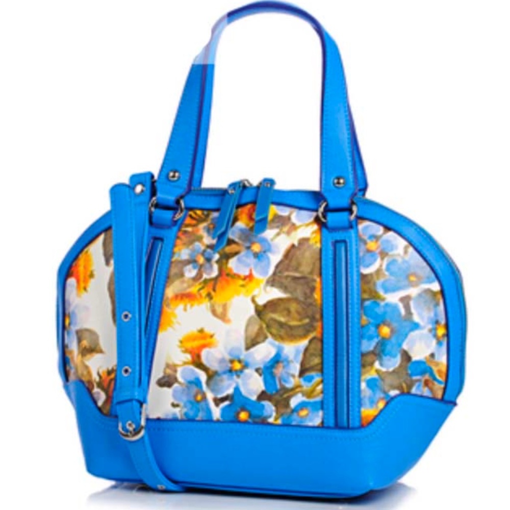 SATCHEL, LEATHER, BLUE WITH MULTICOLOUR FLORAL, TOP DOUBLE ZIP CLOSURE, TWO